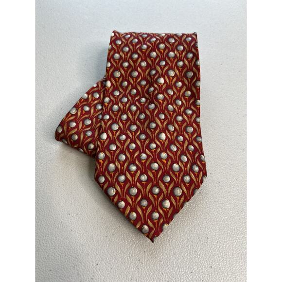 Longchamp Paris Red, Tan, Gray Geometric Pattern 100% Silk Designer Tie - Picture 1 of 7